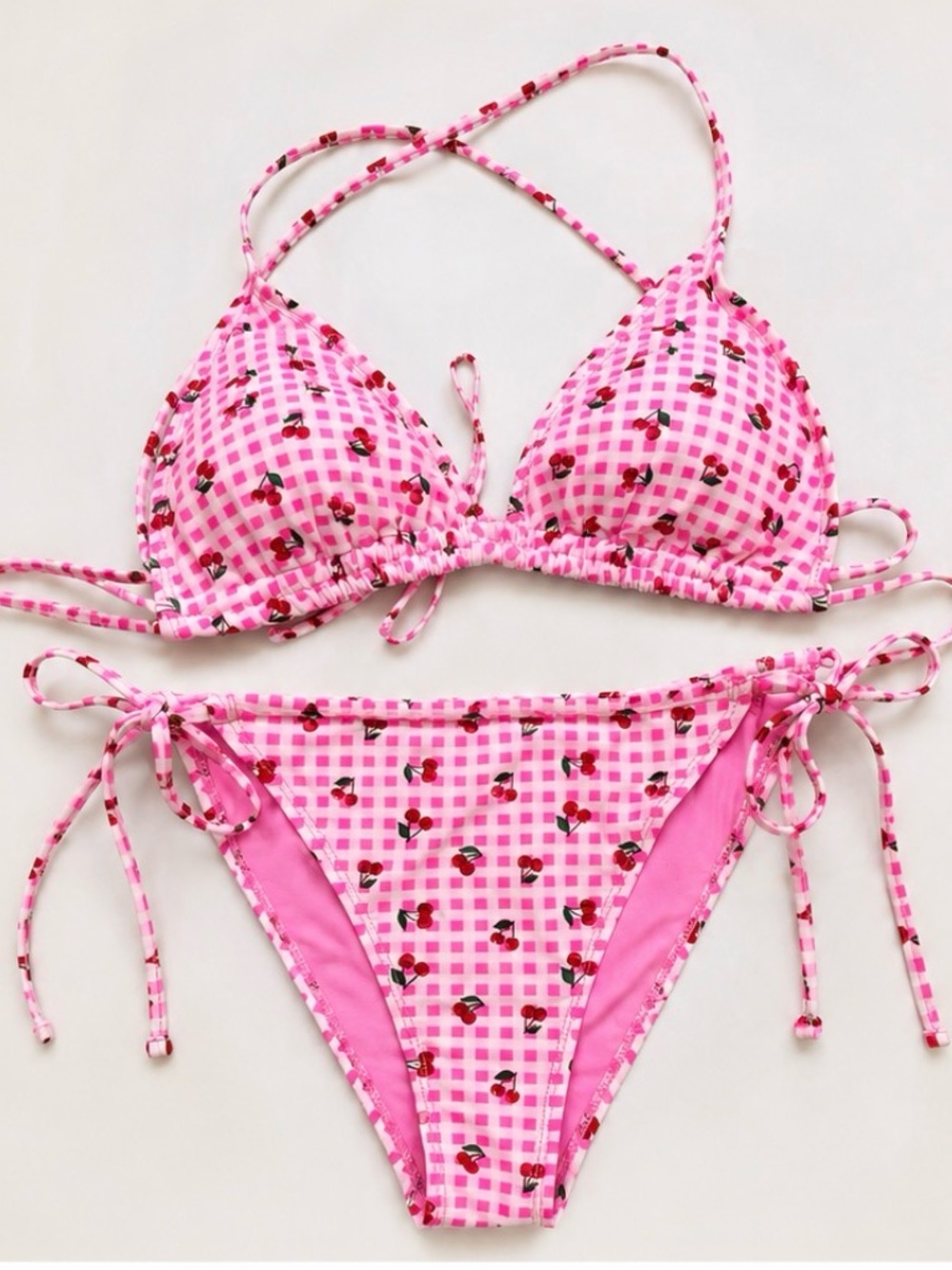 NWT Cyn & Luca Pink Cherry Gingham String Bikini Set XL